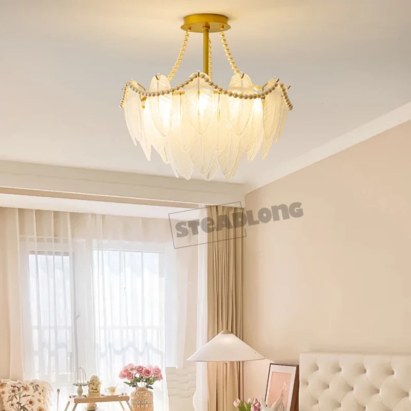 Modern LED Pearl Feather Glass Celling Chandeliers Living Dinging Room Pendant Lamp Home Decor Lustre Hanging Light Fixture