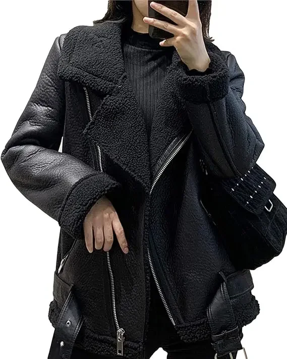 

Winter Women Faux Leather Lambs Leather Jacket Moto Biker Coat Fur Collar Zip Warm Thick Coat Long Sleeve Leather Jacket Women