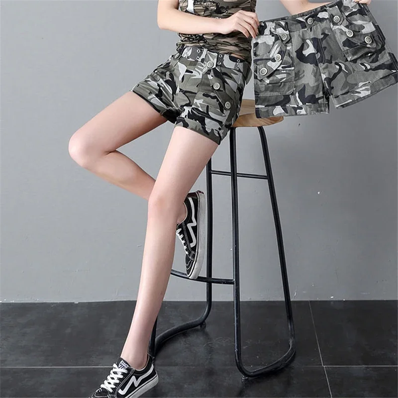 Women's Summer Camouflage Shorts Casual Military Zipper Pocket Pantaloon Ladies Big Size Jogging Pants Cotton Slim Mini Shorts