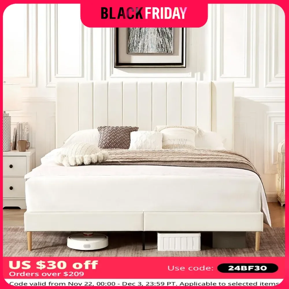 Full Size Platform Bed Frame With Velvet Upholstered Headboard and Wooden Slats Support Cream White Beds Bedroom Furniture Queen