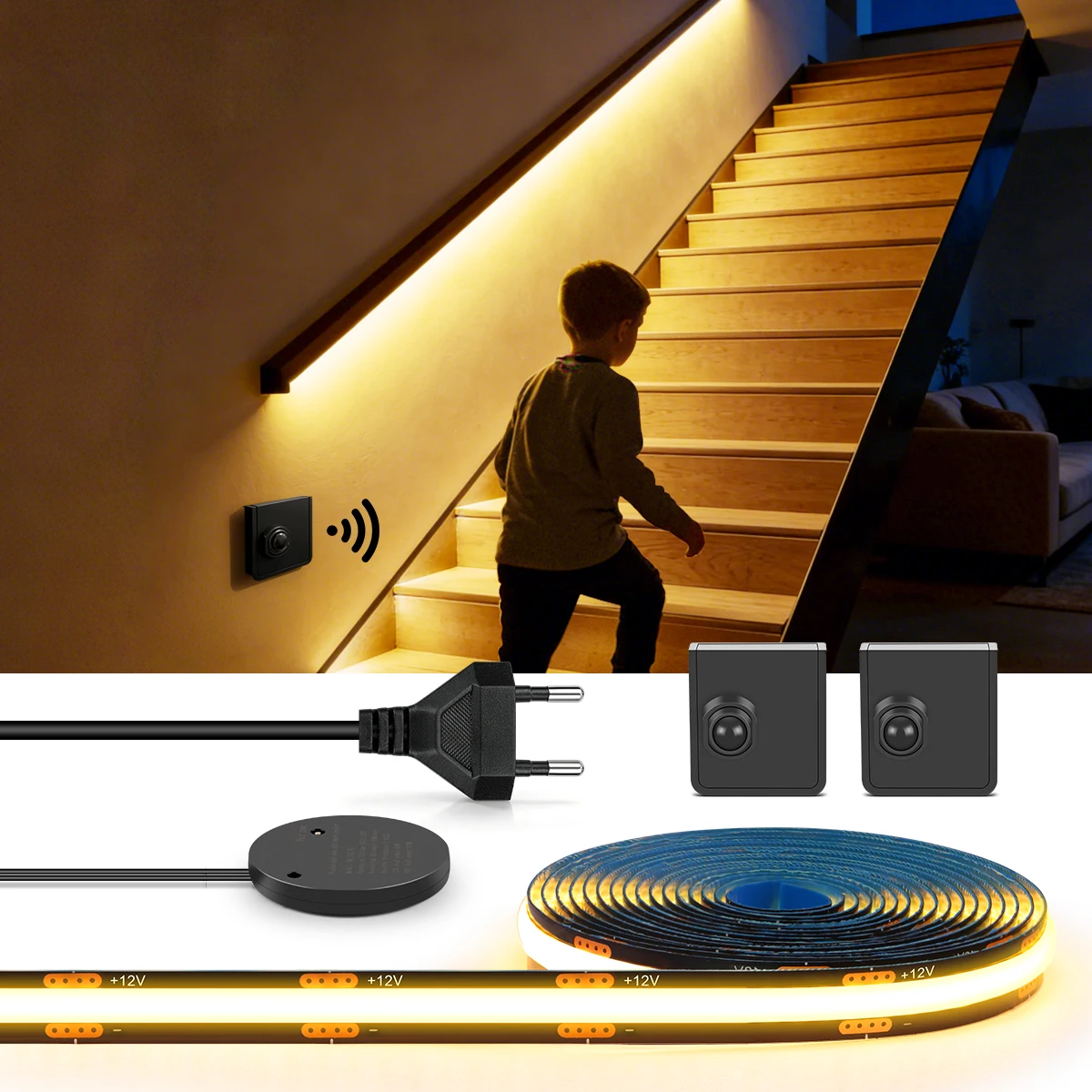 LED Night Light with Human Boday Sensor,12V Black FCOB LED Strip 5m 10m,Easy to hide,ReMovable  Sensors For Indoor Lighting