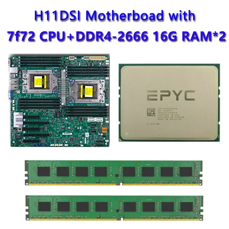 For Supermicro H11DSI Motherboard Socket SP3  /  EPYC 2*7F72 24C/48T 240w TDP CPU Processor 2pcs* 16GB DDR4 2666mhz *2 RAM REV2.