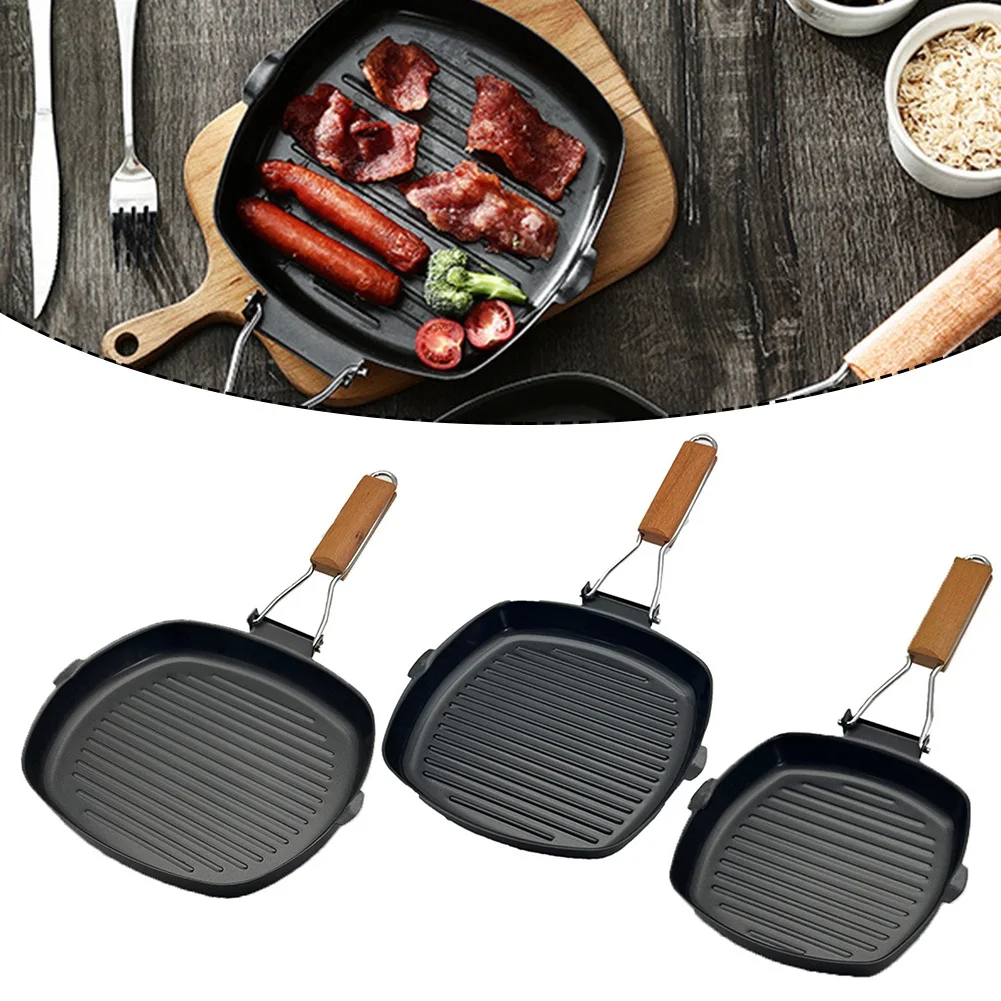 

1pcs Frying Pan Foldable Grill Pan Steak Anti-Scald Wooden Handle Portable 2 Mouth Non Stick Pot Home Kitchen Supplies