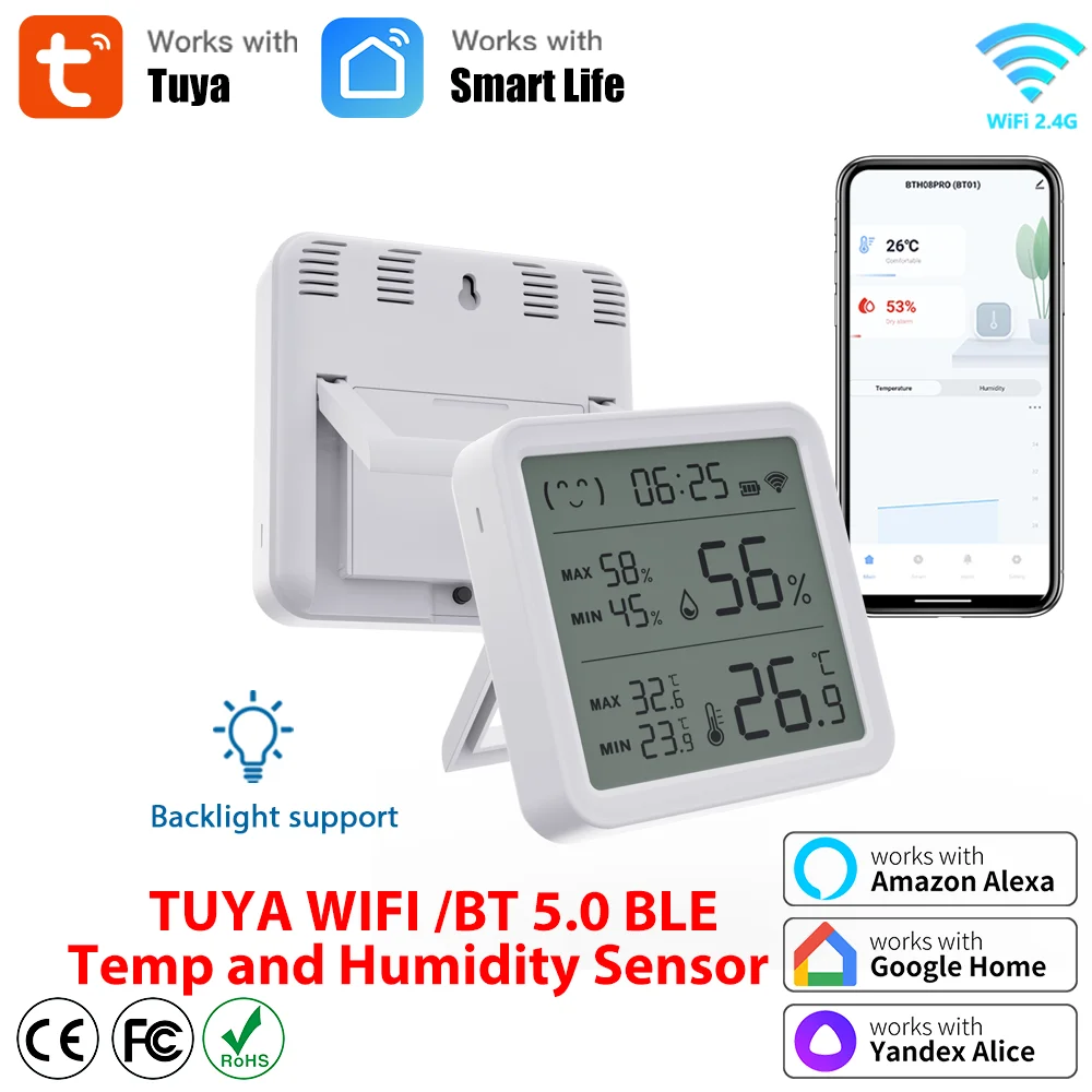 Tuya WiFi or Bluetooth-Compatible Temperature Humidity Sensor with Backlight for Smart Home Via SmartLife Work with Google Home
