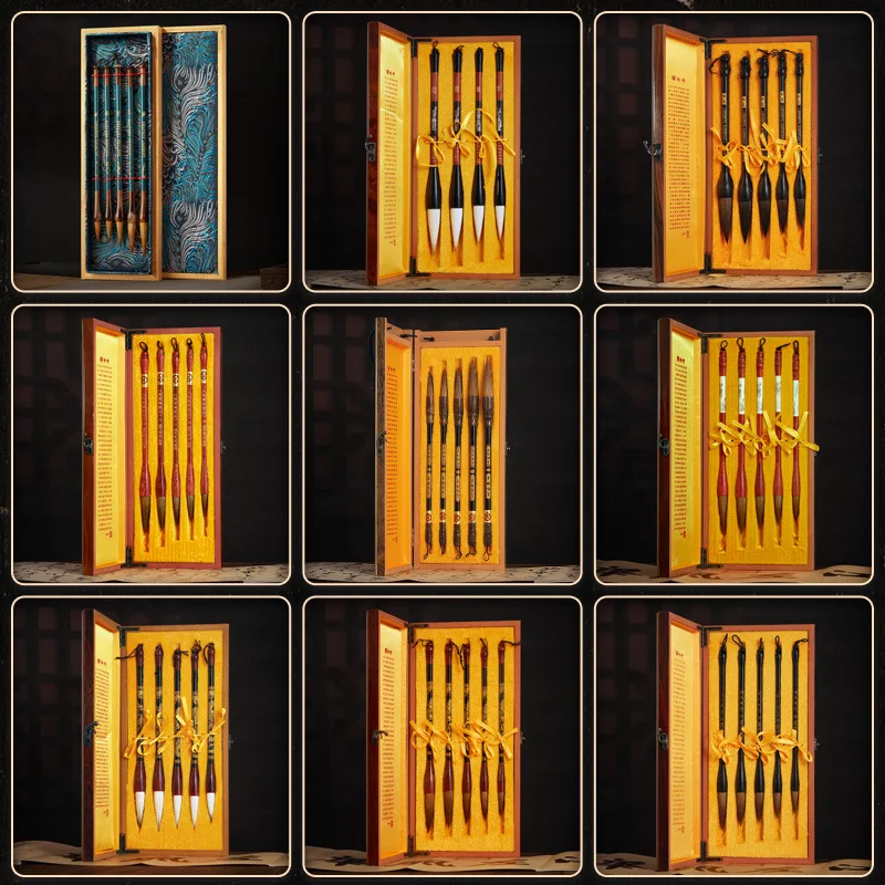 Wooden Gift Box Chinese Calligraphy Brush Set with Weasel and Mixed Hair Tips, Ink, Paper and Inkstone for Professional