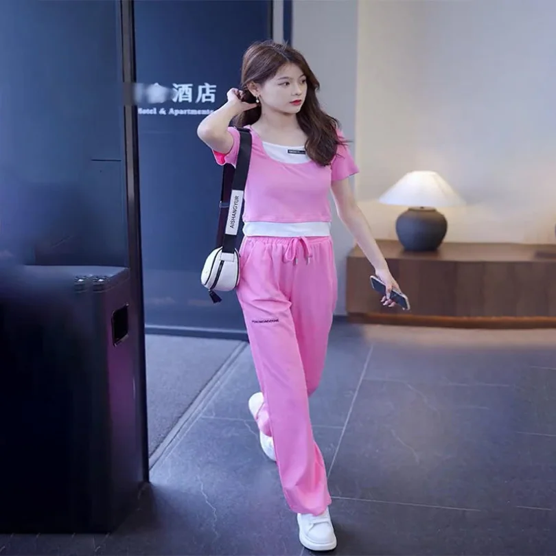 2023 New Short Sleeve Casual Sports Set Fashion and Temperament Fake Two Piece Top+Wide Leg Pants Two Piece Set Fashion