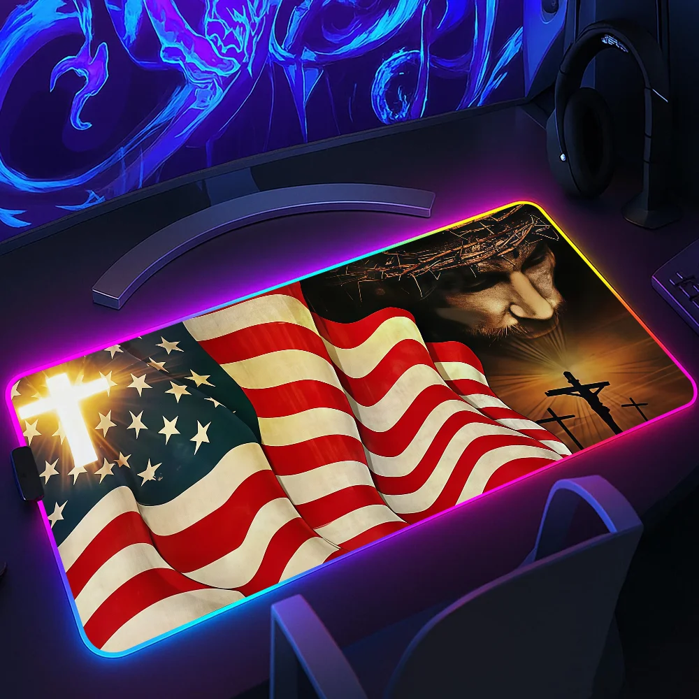 One Nation Under God American s Mouse Pad RGB LED Light Non-Slip Rubber Base Waterproof Office PC Home Desk-Mat USB Large Game
