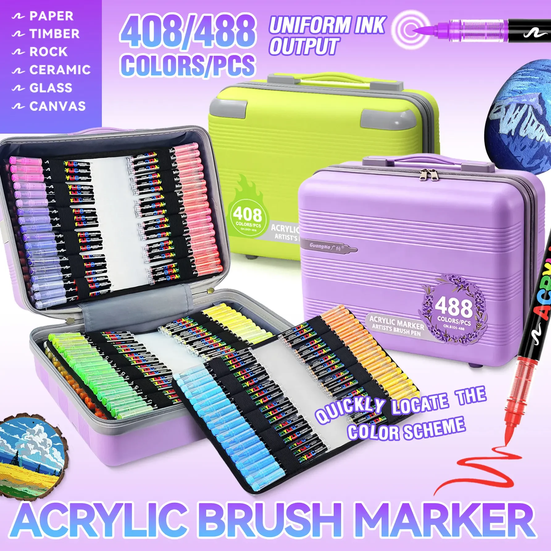 Guangna Brand Marker Pens, Classic 488/408/360 Colors, Suitcase-Style Direct Liquid Ink Control Acrylic Paint Marker Pens, Ink Is More Rich, Smooth Ink Flow, Comprehensive Color Range, Stackable Colors, Strong Coverage, Felt-Tip Pen Stationery Set, Suitable for Canvas, Wood, Stone, Glass, Ceramics, Fabric Painting, DIY Crafts, Art Supplies, Great Gift for Painters