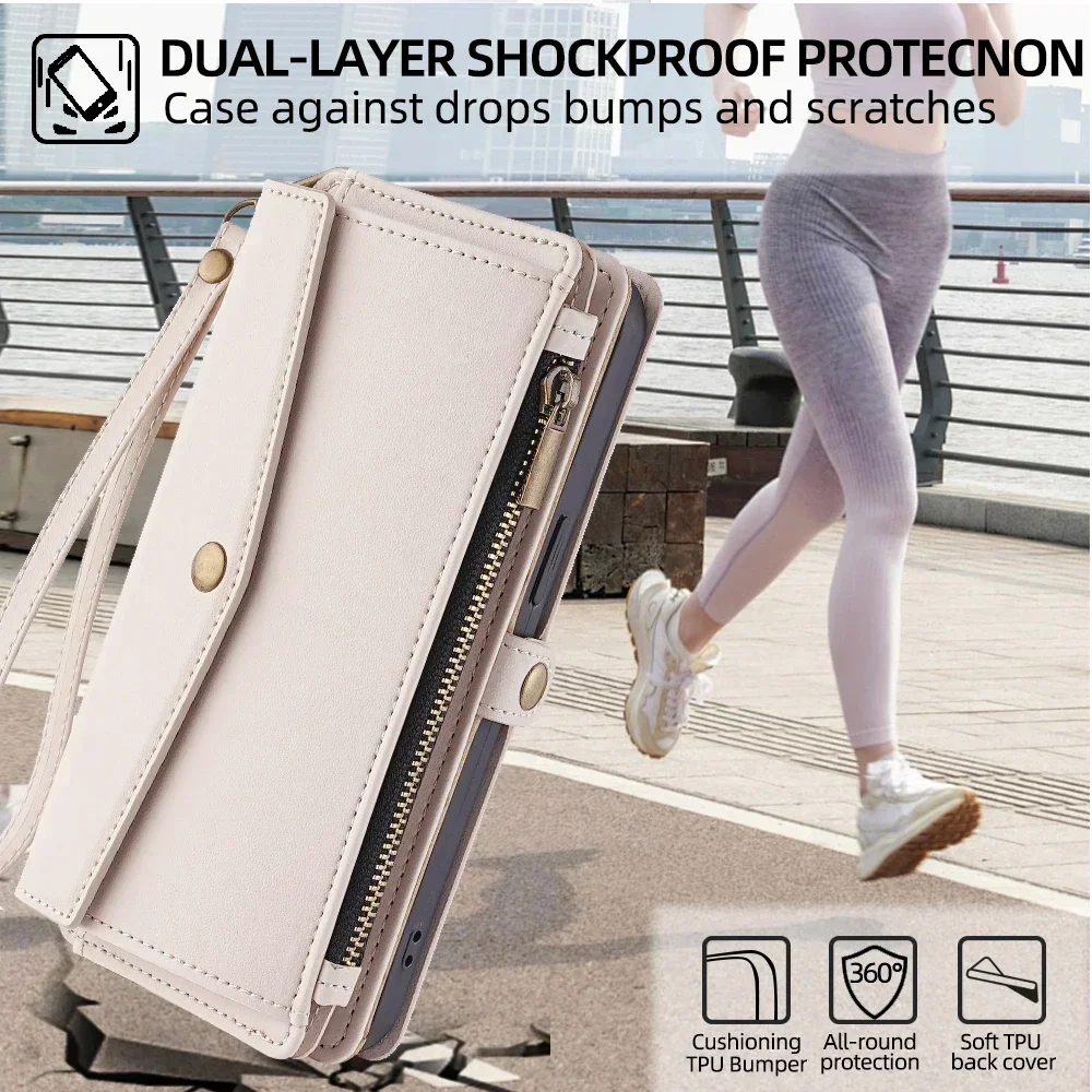 Reißverschluss PU-Leder Brieftasche Buchcover Handyhüllen für iPhone 16 16E 17 Air Pro Plus Max Flip Cover Multifunktionale Berging Bags – Detail 18