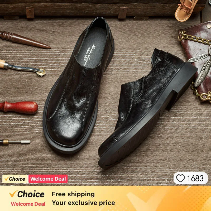 Vintage Mens Business Loafers Luxury Genuine Leather Spring Autumn Designer Fashion Quality Round Toe Casual Work Social Shoes