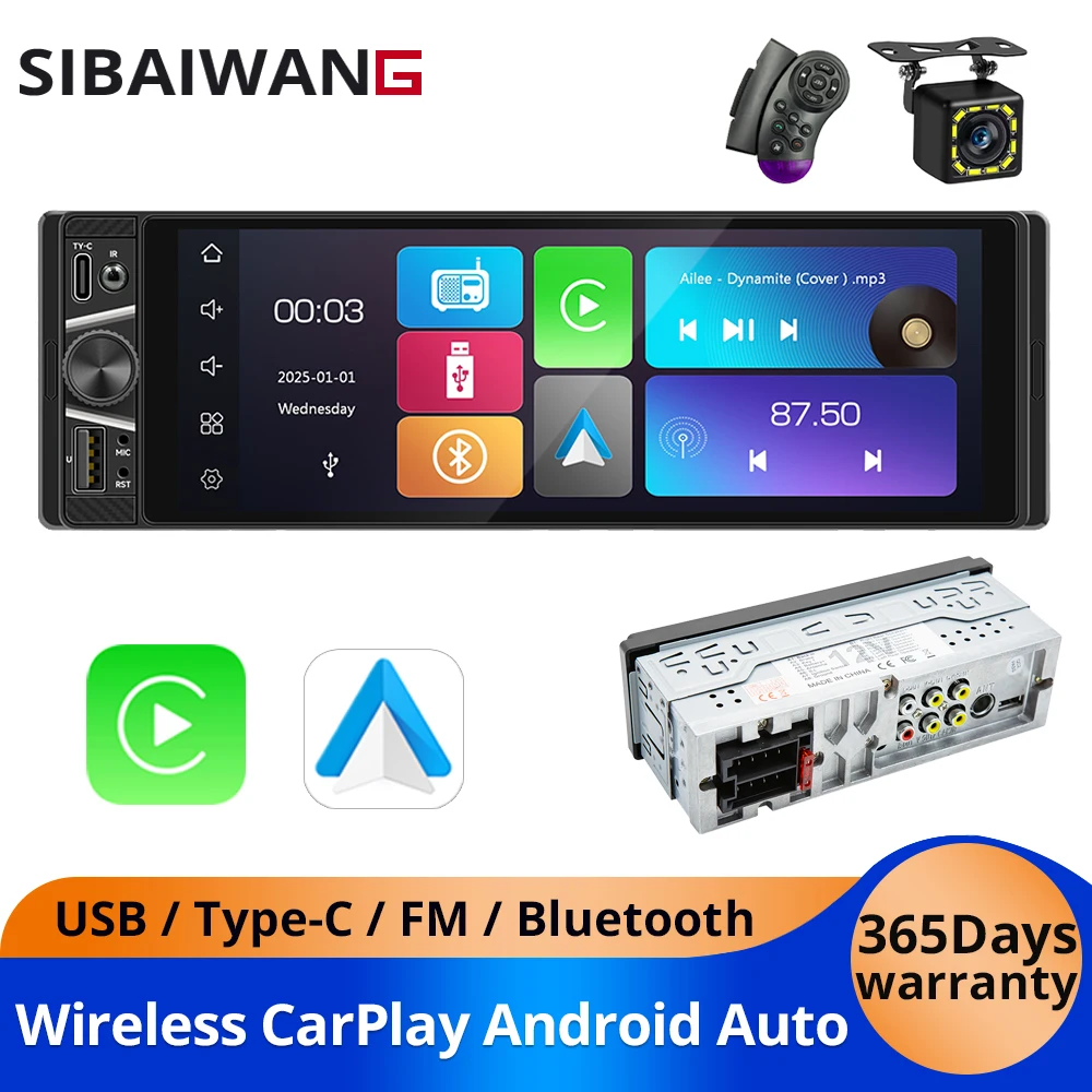 

1Din Universal Car Radio 6.28 Inch MP5 Support Wireless Carplay Android AUTO Bluetooth Type-C fast charging Mirror Link USB
