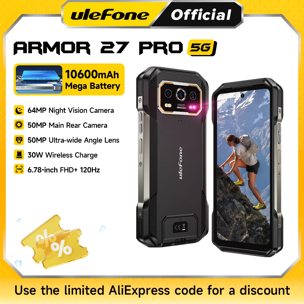 Ulefone Armor 27 Pro 5G Rugged Phone 10600mAh Smartphone 50MP Camera 64MP Night Android 15 Up to 24GB+256GB NFC Waterproof Phone