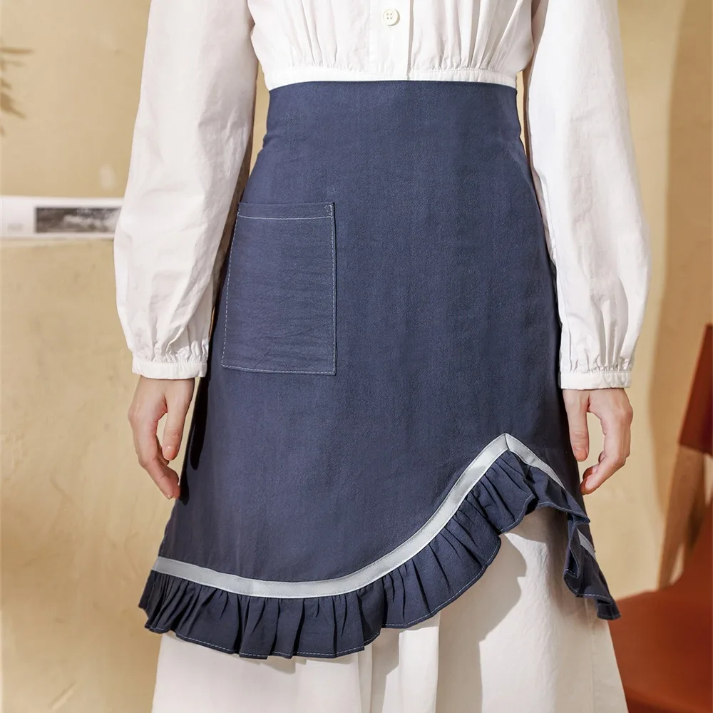 Art Studios Elegant Waist Apron Irregular with Large Pocket Half Aprons with Ruffles Breathable Cafes Apron Cooking