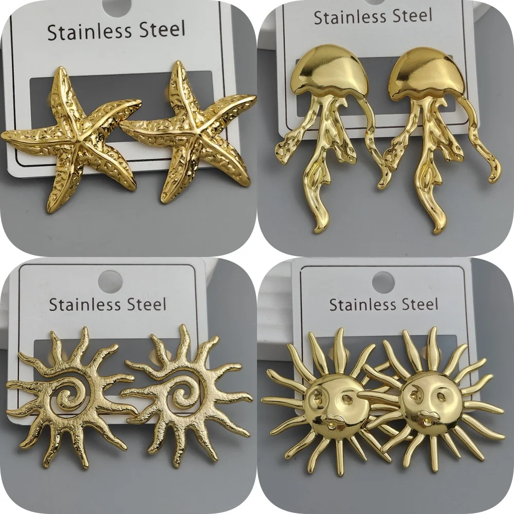 

Charming heavy metal starfish jellyfish sun 18K women's earrings, waterproof and non-fading stainless steel, wedding party gift