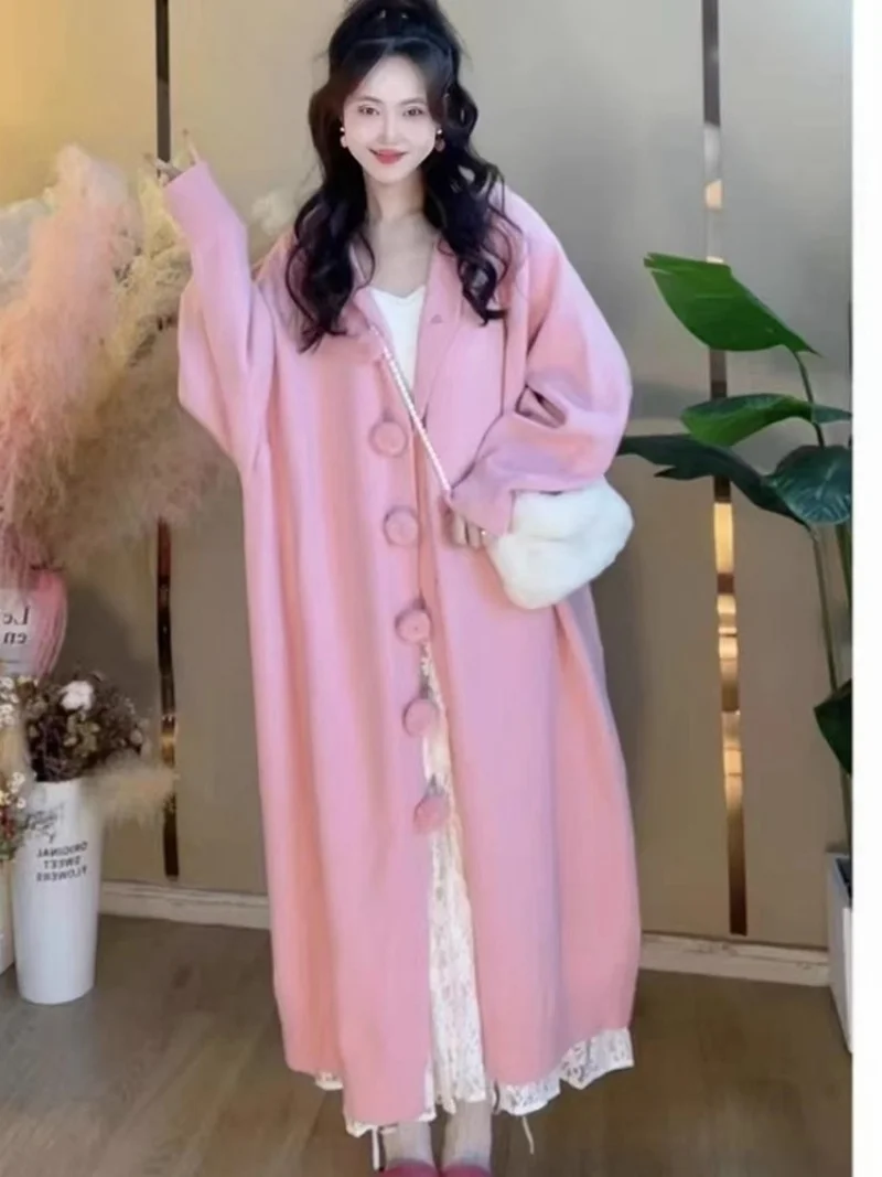 

French Design Three-Dimensional Wool Bal Medium Long Windbreaker Knitted Sweater For Women's Spring Autumn Lazy Cardigan w224