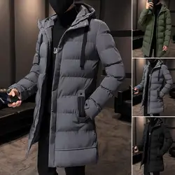 Autumn Winter Men Jacket Cotton Padded Hooded Long Sleeve Drawstring Mid-length Windbreaker Cotton Padded Zipper Windbreaker