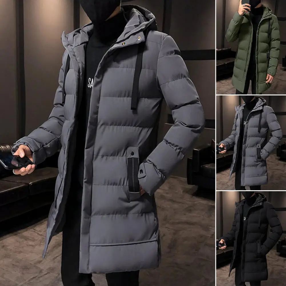 Autumn Winter Men Jacket Cotton Padded Hooded Long Sleeve Drawstring Mid-length Windbreaker Cotton Padded Zipper Windbreaker