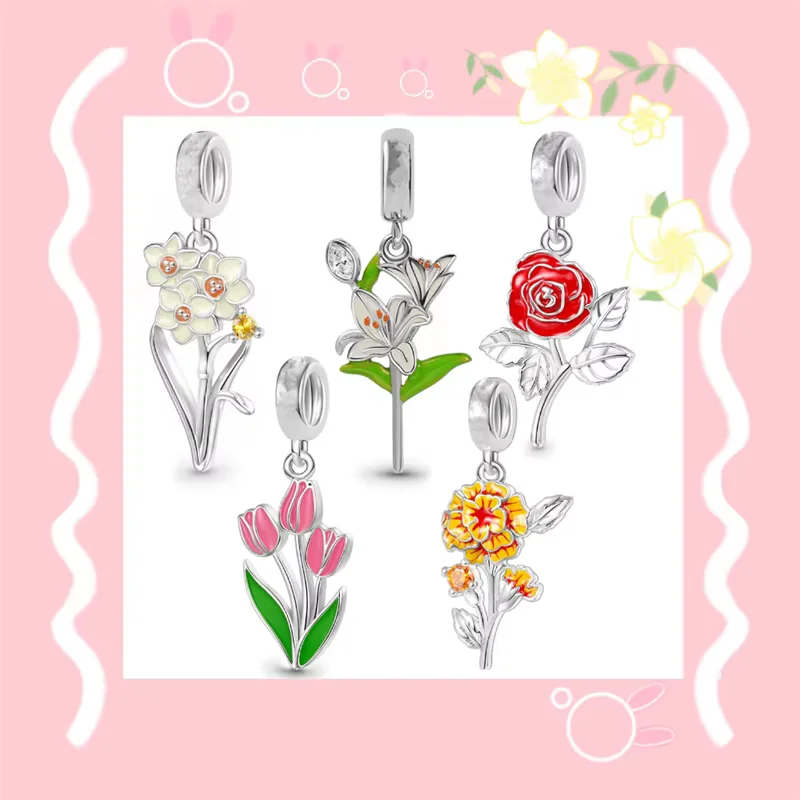 Hot Sale Lily Flower Rose Narcissus Tulip Pendant Charm Bead Jewelry Gift Fit Original 925 Sterling Silver Bracelet/Necklace