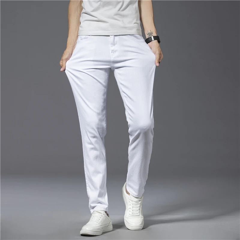 Mens Spring Summer Autumn White Jeans Fashion Casual Classic Style Slim Fit Soft Trousers Male Brand Advanced Stretch Pants,109