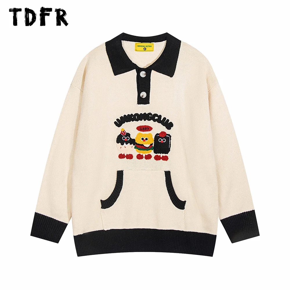 Spliced Embroidery Sweater Mens Contrast Paneled Autumn Winter Retro Lapel Long Sleeve Casual Loose Knitted Pullover Men