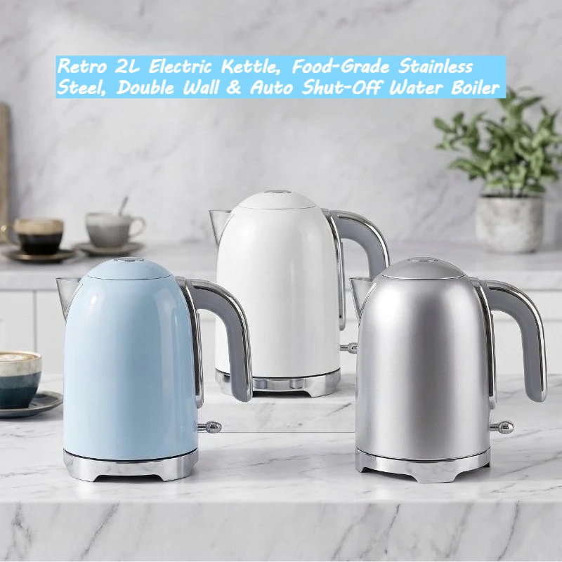 2L Retro Electric Kettle, Food‑Grade Stainless Steel Inner, Double Wall Anti‑Scald Water Boiler Auto Shut‑Off