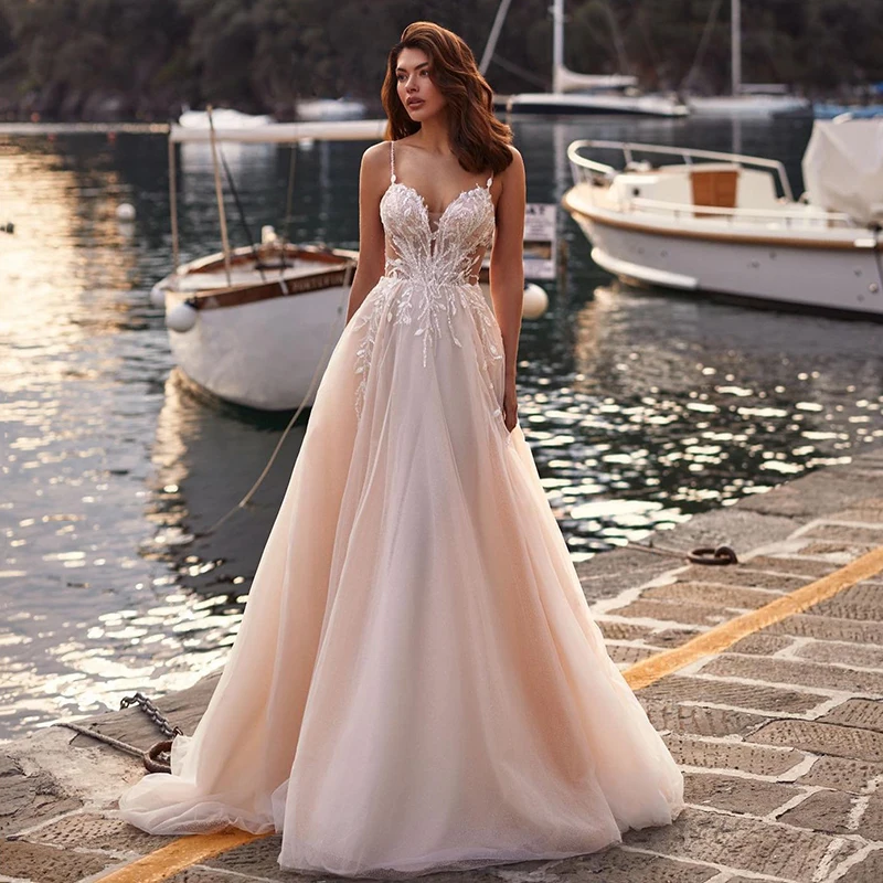 

Eightree Elegant A-Line Wedding Dresses Princess Spaghetti Straps Side Slit Bridal Dress Boho Beach Wedding Prom Gowns Plus Size