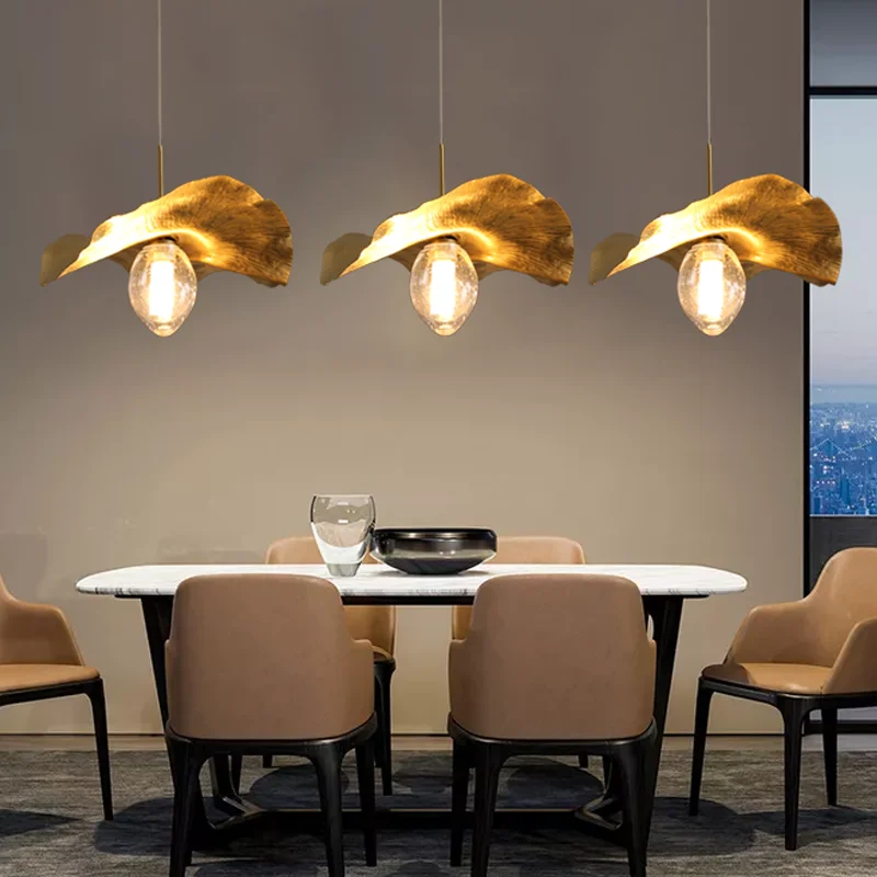 Luces colgantes LED de hoja de loto de latón modernas para restaurante, mesa de centro, cocina, isla, candelabro, decoración del hogar, luminarias