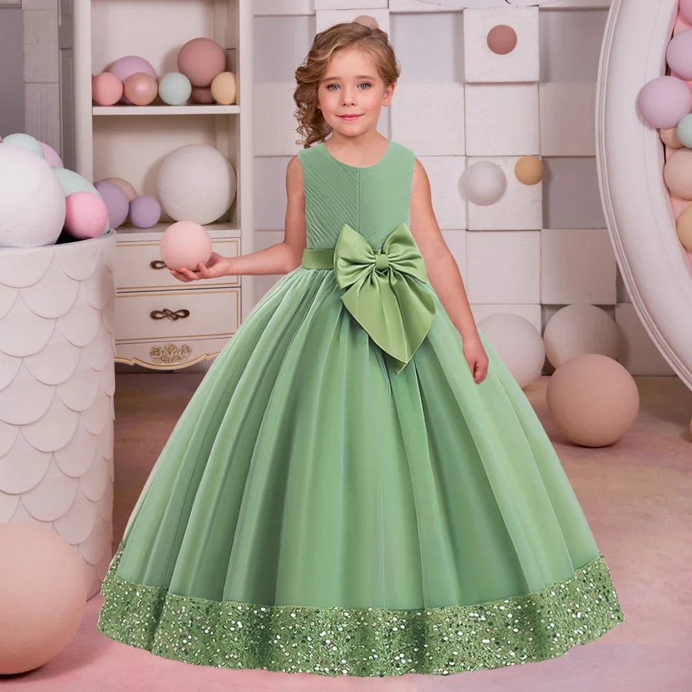 Vestidos de festa de luxo com arco, vestido elegante princesa, fantasia infantil para crianças, aniversário, casamento, vestido de baile, florista, adolescentes