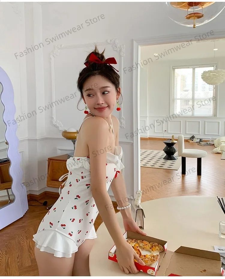 Women One Piece Swimsuit Push Up Vintage Monokini Bandage Back Cherry Print Swimwear Summer Beach Bodysuit Flouching Girl Bikini