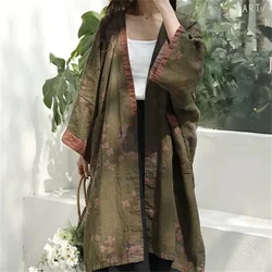 Spring Autumn Ethnic Linen Fashion Printed Windbreaker Outwear Mid-Long Retro Split Loose Cardigan Large Size Trench Coat Female