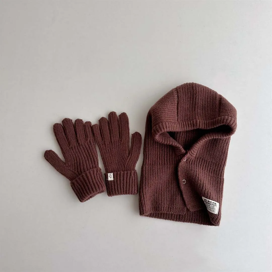 Conjunto de guantes de punto con etiqueta para niños, gorro de punto coreano, bufanda, Pullover, protección de manos, cuello de oreja, gorro cálido