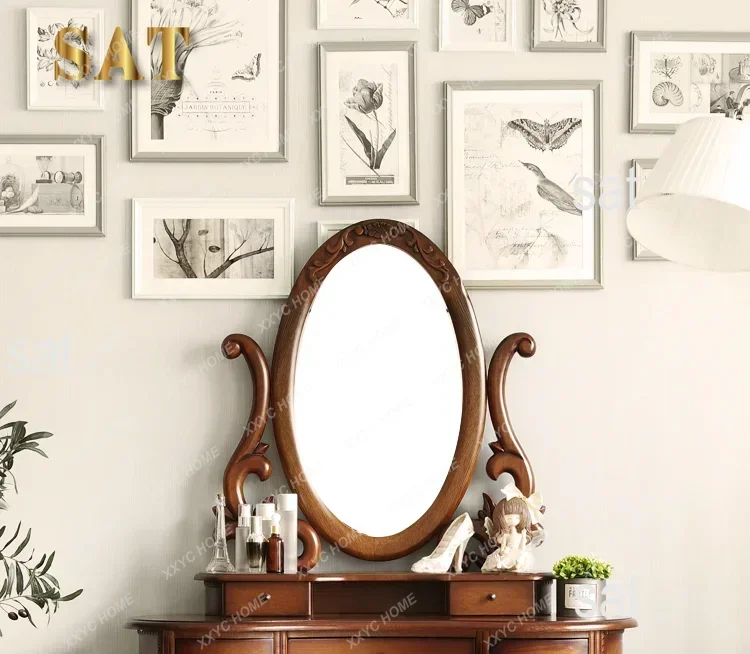 Solid Wood Mirror Table Bedroom Dresser Amercia Princess Furniture Dark Villa Luxury Carved Makeup Table Dressing Table