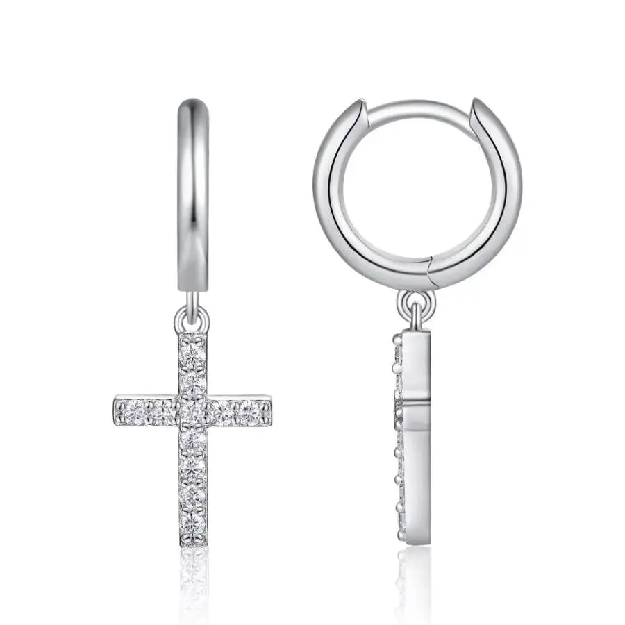 

2pcs 0.36ctw Cross Moissanite Earrings 925 Sterling Silver with Platinum Plating Modern Hoop Style Gift with Certificate