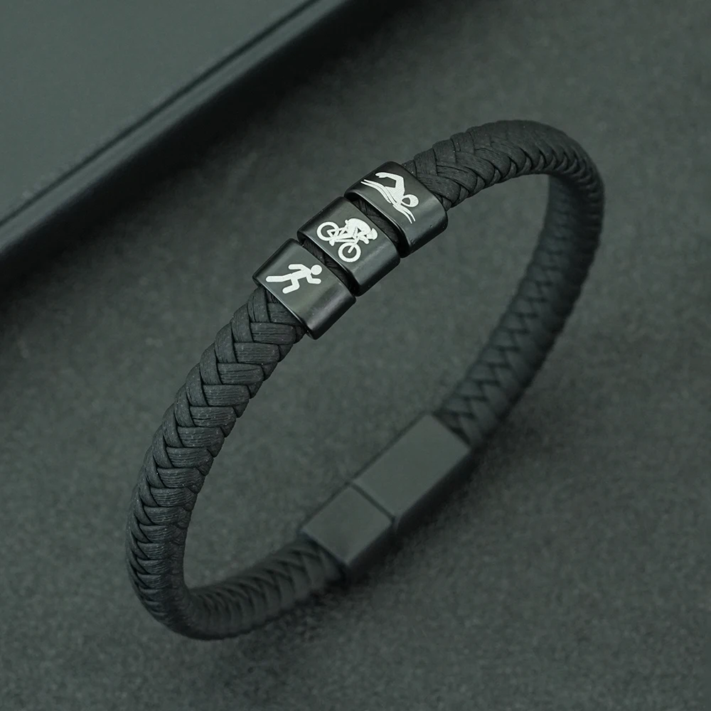 New Triathlon Swim Bike Run Bracelet Men Leather Wristband Sport Fitness Braclet Multi Colors Sizes Available Athlete Accessory