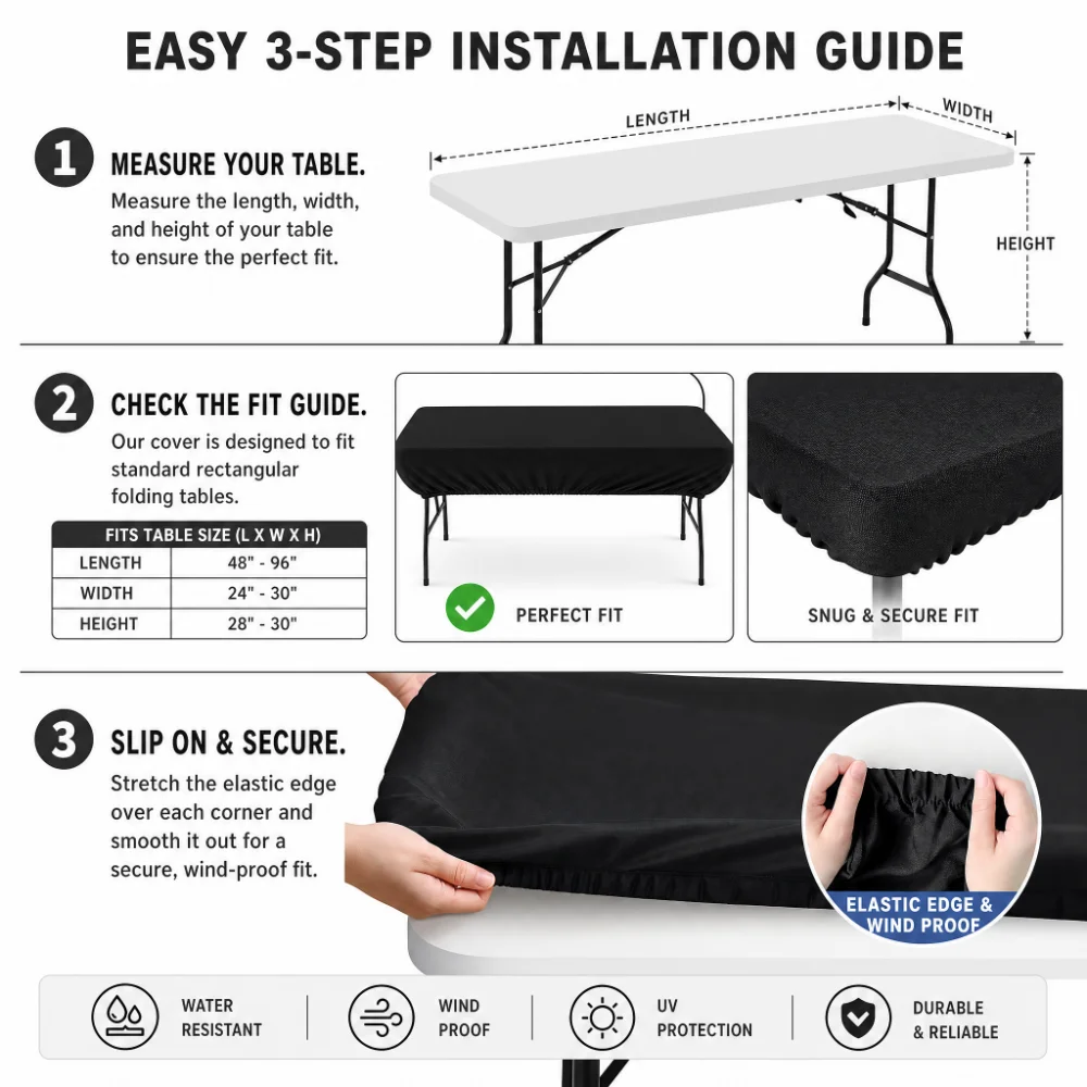 Table Cloth Cover, Elastic Waterproof Protector for 6ft Folding Tables, Easy Wipe Clean, Universal 30X72 Inches