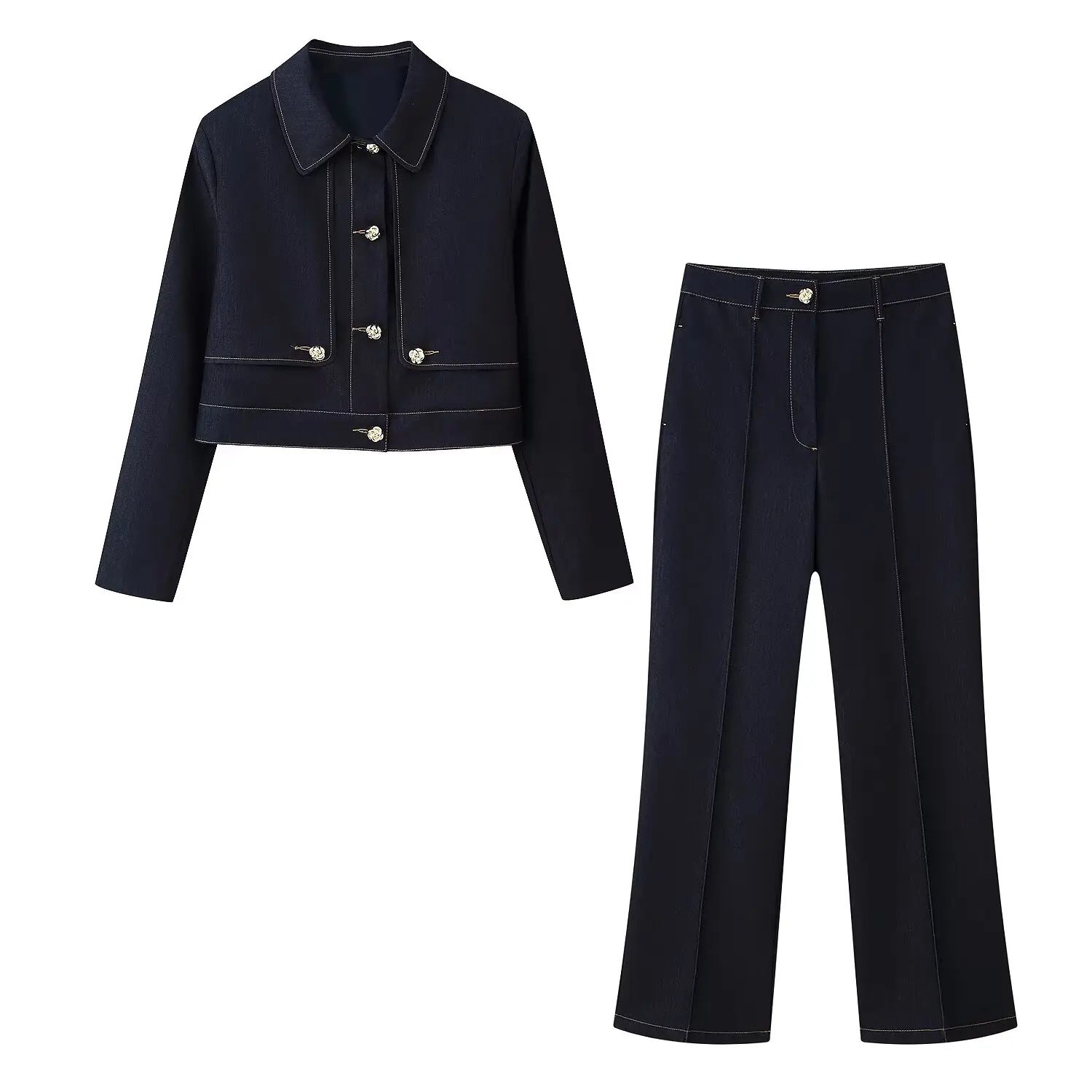 Women's new denim trousers suit contrasting color short outer and straight ridge pants fashionable and atmospheric goddess style
