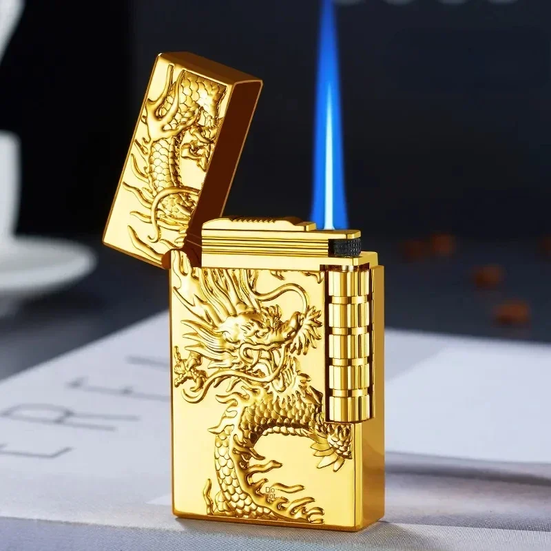 Metal à prova de vento som brilhante isqueiro gás butano mais leve rebolo lado deslizamento tocha ignição mais leve presente masculino