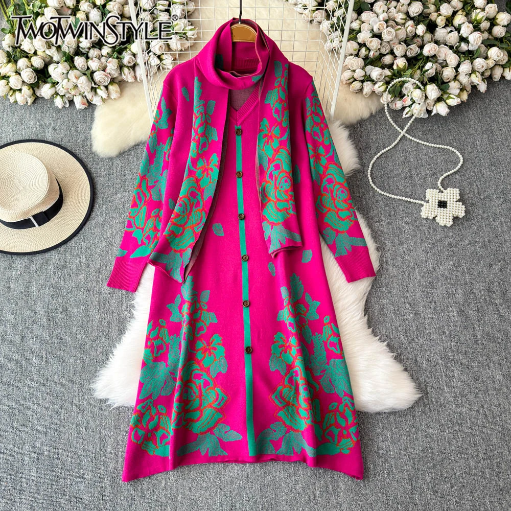 

TWOTWINSTYLE Colorblock Casual Knitting Dress For Women V Neck Long Sleeve High Waist Loose A Line Dresses Female New KDR517594
