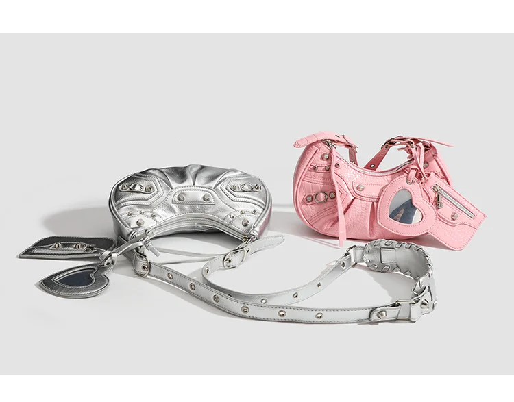 Nietenbesetzte Drei-in-Eins-Unterarmtasche, vielseitige Handtasche, Schultertasche, Umhängetasche für Damen, neuer trendiger Stil mit einem coolen und würzigen Touch. – Detail 2