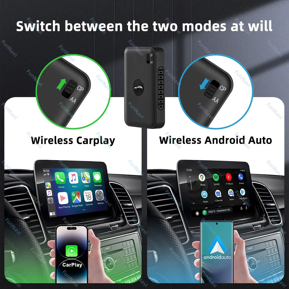 Mini adaptateur Carplay sans fil pour voiture, Android Auto, filaire vers sans fil Smart Ai Box, Bluetooth, WiFi, LED allergique automatique, 2 en 1