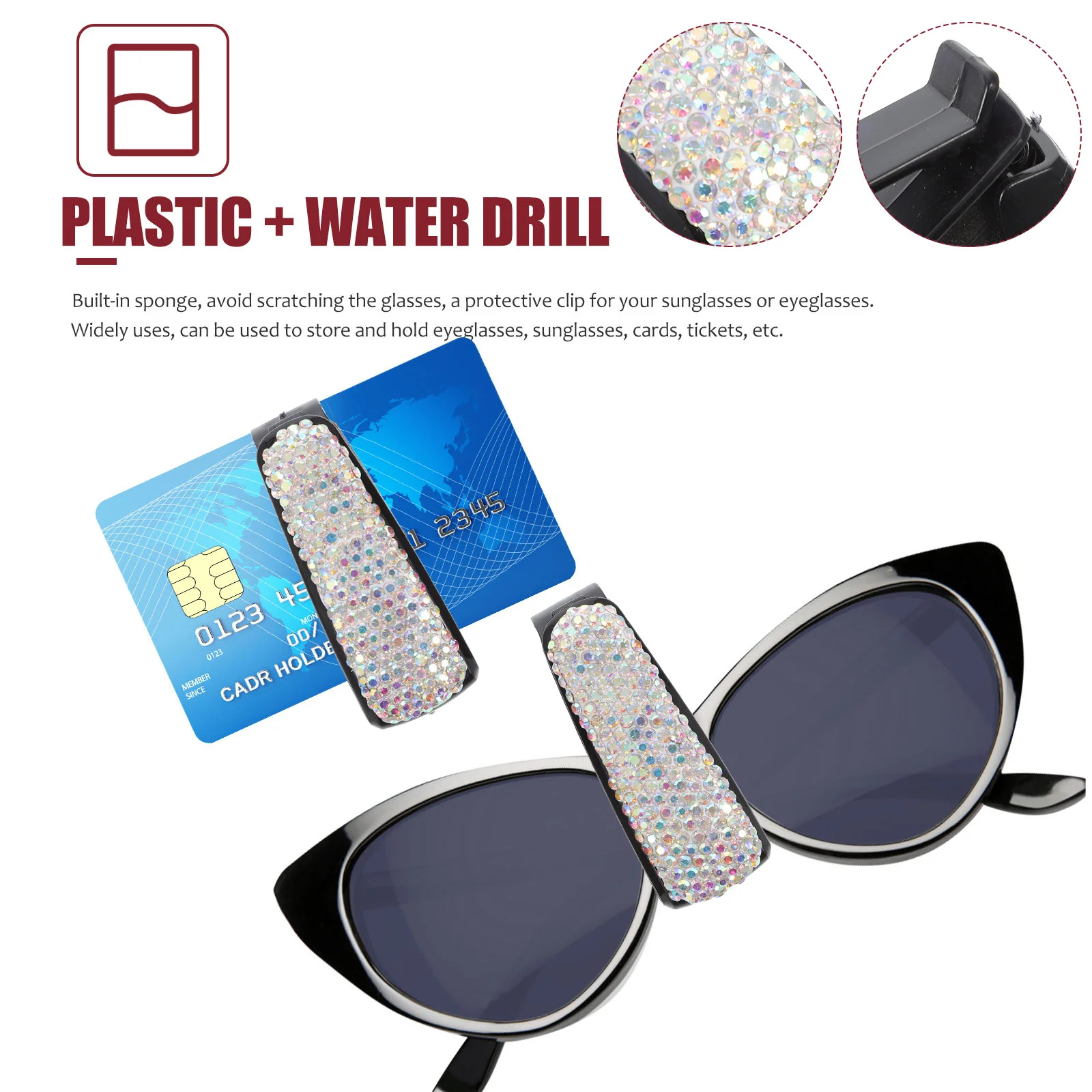 

2Pcs Car Sunglasses Holder Rhinestone Clip Creative Glasses Fixing Clamp Easy Mount for Vehicle Visor Multipurpose Card Clamp