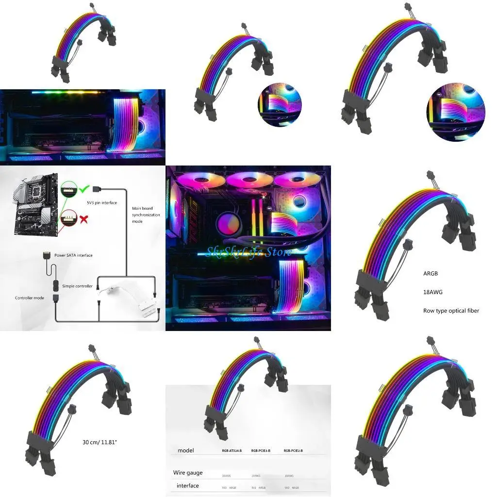 

E65E PC Case PSU Extension Cable ARGB Double ATX 8Pin + PCI-E GPU Color Line Transfer Adapter 5V 3Pin Sync