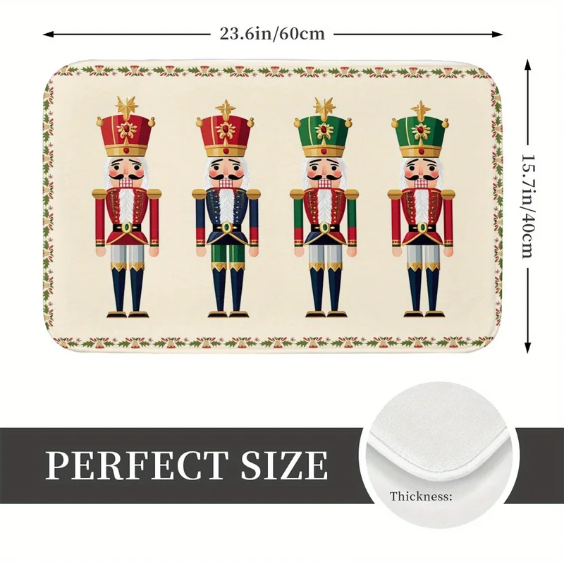 VIKAMA Christmas Entry Mat Four Nutcracker Soldiers Holly Border Cream Print Durable Mat For Front Door Hallway Bedroom Decor