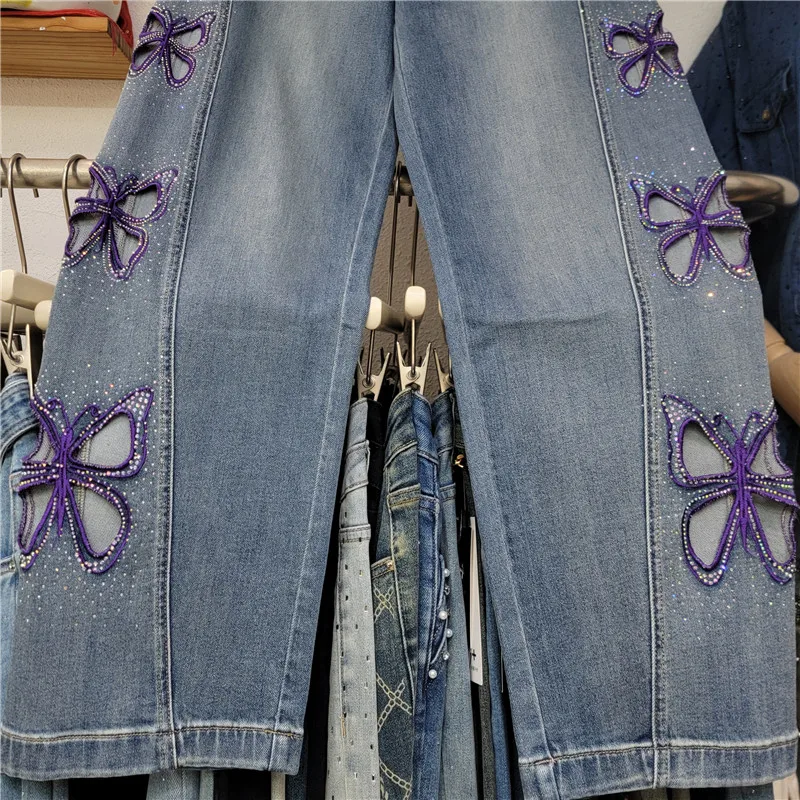 2025 summer new heavy industry hot diamond hollow butterfly jeans women's high waist versatile temperament mopping pants