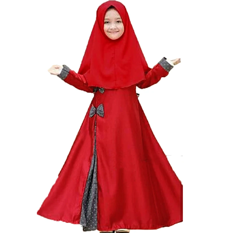 

Islamic Muslim Girls Hijab Dress Red 2 Pieces Set Kids Dubai Turkey Abaya Prayer Robe Khimar Headscarf Kaftan Ramadan Eid Burqa