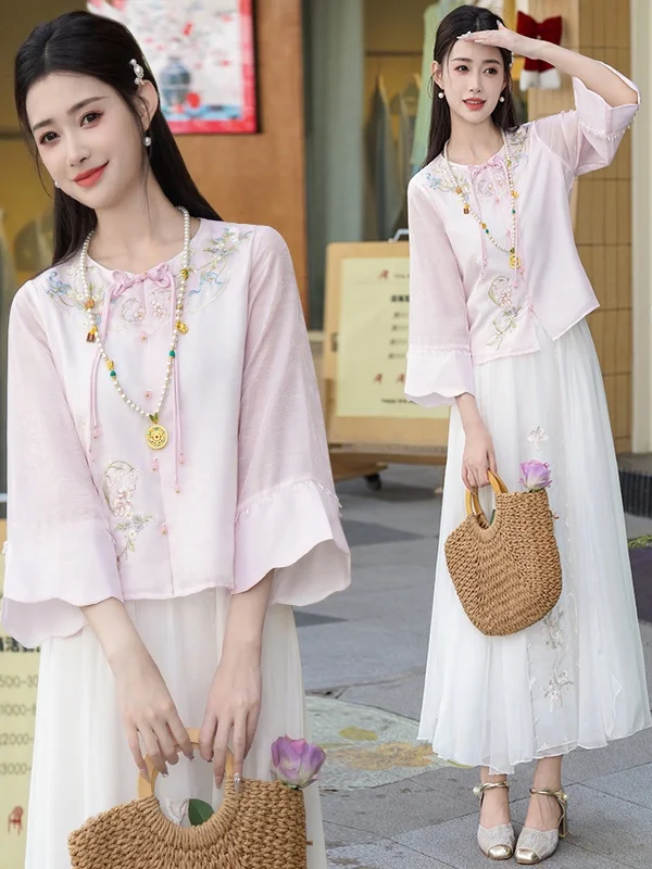 Elegant Embroidered Stand Collar Top with Floral Half Skirt And Button Detail Chinese Style Women's Fashionable Traditional C...
