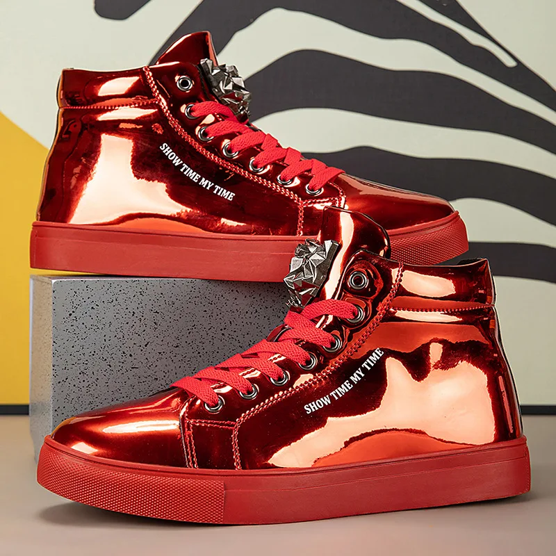 Europe New Shoes For Men Patent Leather Casual Shoes High Tops Flat Skateboard Shoes Street Trend Sneakers