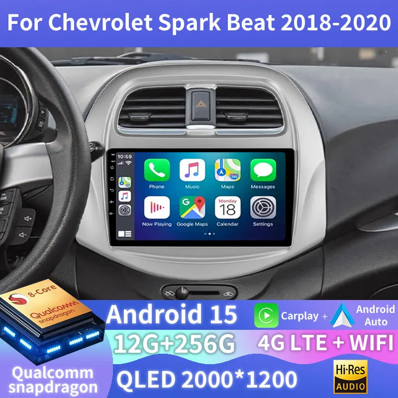 Radio para Auto con Android 15 para Chevrolet Spark Beat 2018 2019 2020, Reproductor Multimedia GPS, Bluetooth, Carplay Inalámbrico, Android Auto, DSP, 2K QLED