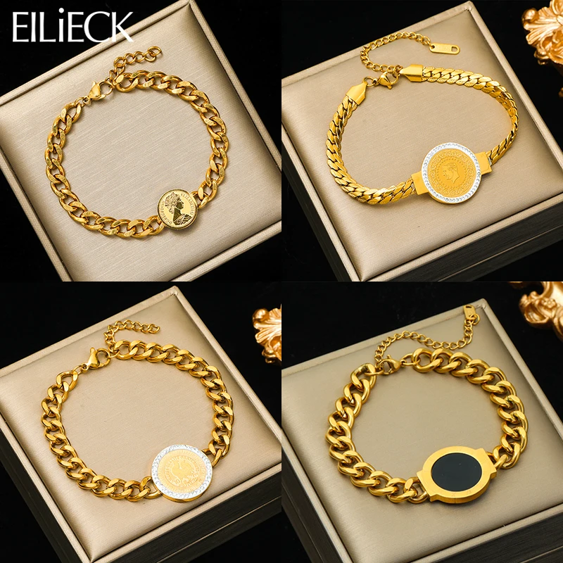 Eilieck 316l Edelstahl runde Münze Porträt römische Ziffern Armband für Frauen Mädchen Mode Armreifen wasserdichten Schmuck Geschenk