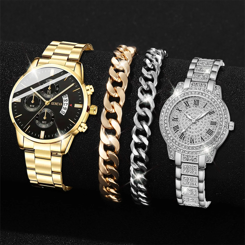 4 Pcs Casual And Fashionable Couple Watches Quartz Watches Women\'s Watches Matched With Couple Necklace Set